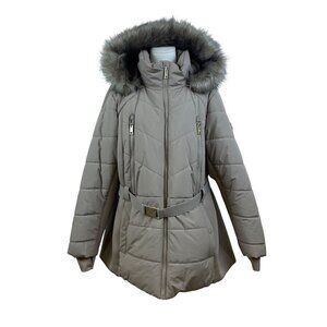 Michael Kors Womens Gray Quilted Hooded Puffer Coat With Faux Fur Trim Size 2X